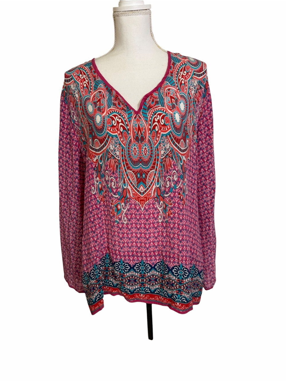 Tolani Sonaya Silk Tunic Blouse Women’s L Pink Teal Boho Paisley Long Sleeve